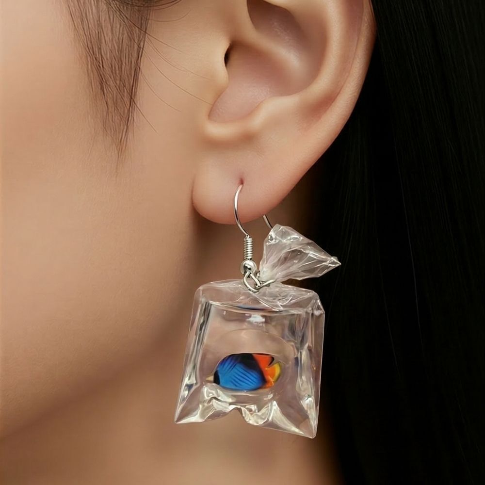 Blue Threadfin Butterfly Pet Fish in Plastic Bag Earrings Dangle Resin Tropical
